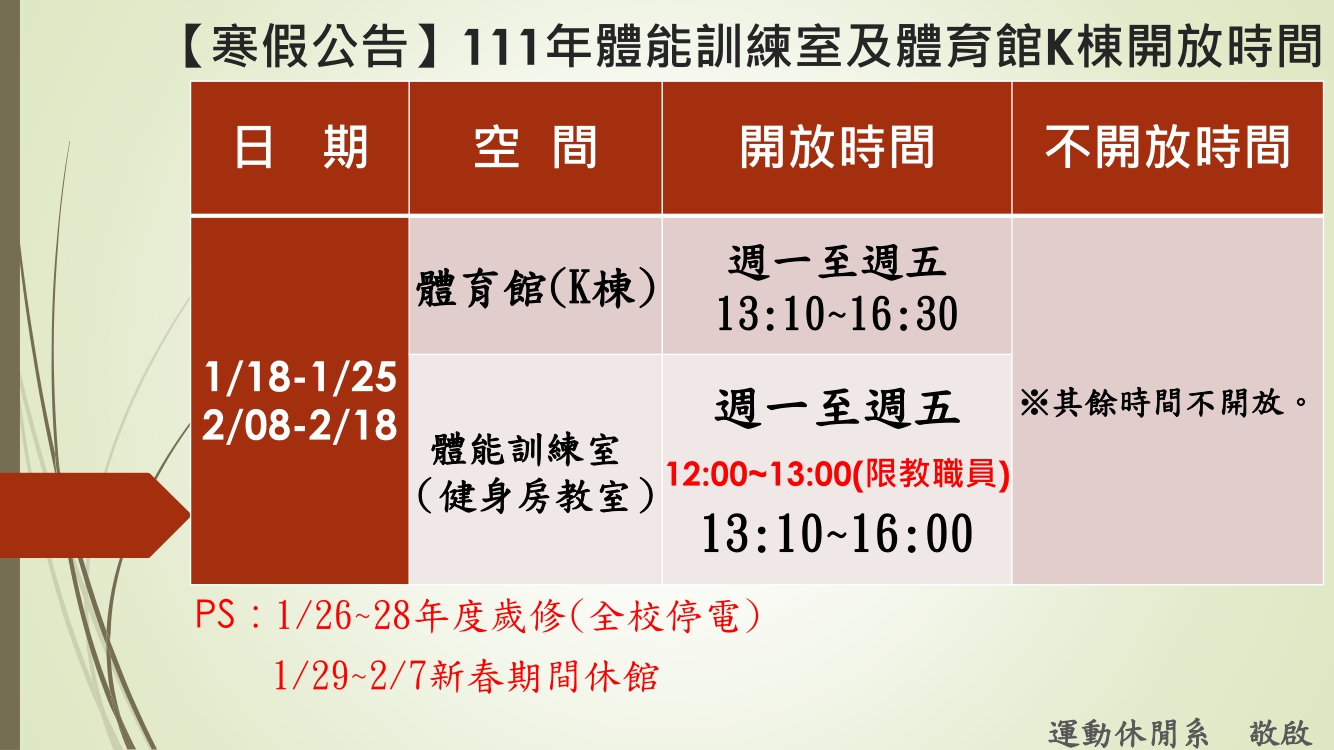 111年【寒假公告】體能訓練室（健身房教室）及體育館K棟開放時間